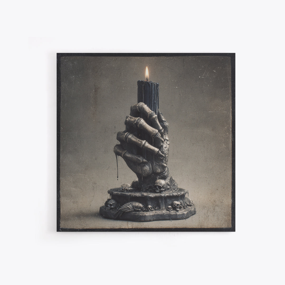 The Skeletal Hand Candleholder, Dark Symbolist Art, Square Wall Art, Macabre Wall Art, Canvas Print, Halloween Wall Art