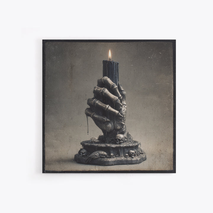 The Skeletal Hand Candleholder, Dark Symbolist Art, Square Wall Art, Macabre Wall Art, Canvas Print, Halloween Wall Art