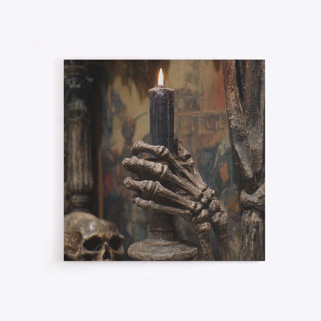 The Skeletal Hand Candleholder, Grotesque Carnival Art, Square Wall Art, Dark Halloween Decor, Canvas Print, Halloween Wall Art