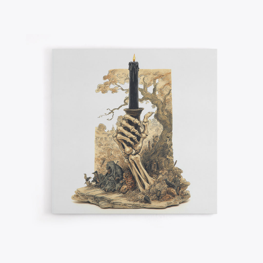 The Skeletal Hand Candleholder, Gothic Storybook Art, Square Wall Art, Macabre Wall Art, Canvas Print, Halloween Wall Art