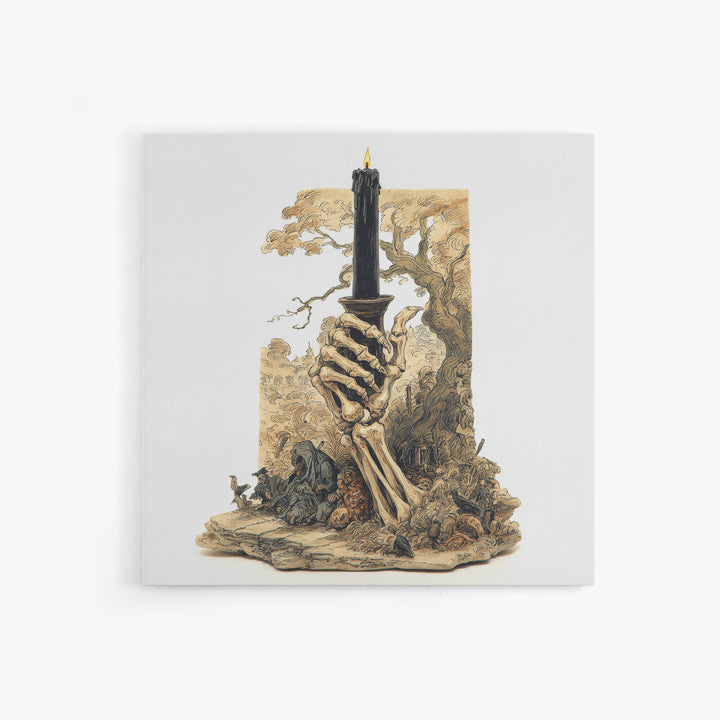 The Skeletal Hand Candleholder, Gothic Storybook Art, Square Wall Art, Macabre Wall Art, Canvas Print, Halloween Wall Art