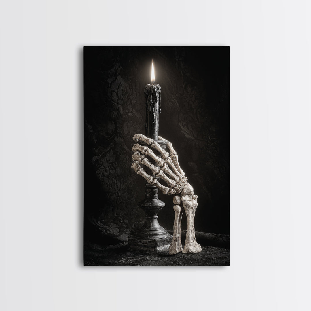 The Skeletal Hand Candleholder, Victorian Macabre Art, Vertical Wall Art, Macabre Wall Art, Framed Canvas Print, Halloween Wall Art