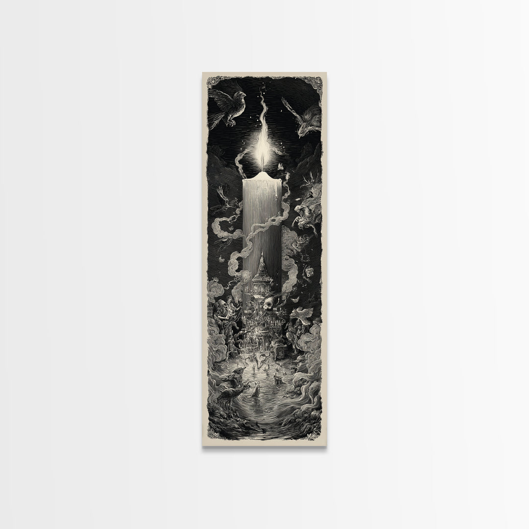 The Black Wax Candle, Gothic Engraving Art, Tall Narrow Wall Art, Dark Fantasy Wall Art, Canvas Print, Halloween Wall Art