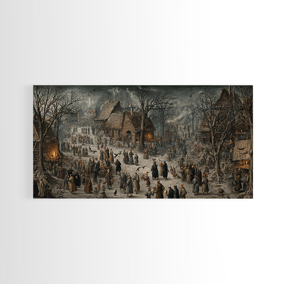 The Black Wax Candle, Northern Renaissance Horror, Wide Panoramic Art, Dark Halloween Decor, Framed Canvas Print