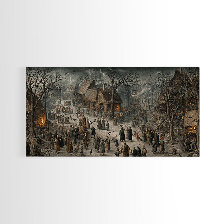 The Black Wax Candle, Northern Renaissance Horror, Wide Panoramic Art, Dark Halloween Decor, Framed Canvas Print