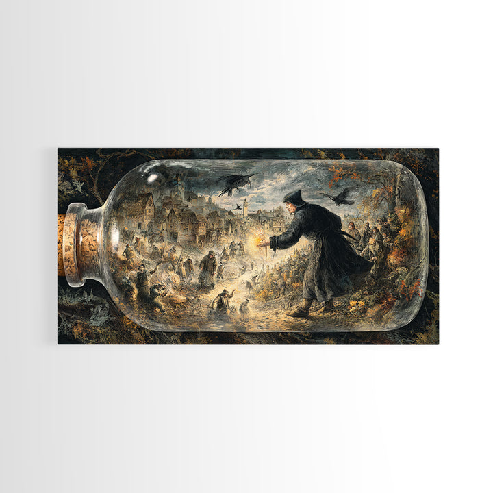 The Bottled Ghost, Northern Renaissance Horror, Wide Panoramic Art, Macabre Wall Art, Framed Canvas Print, Halloween Wall Art