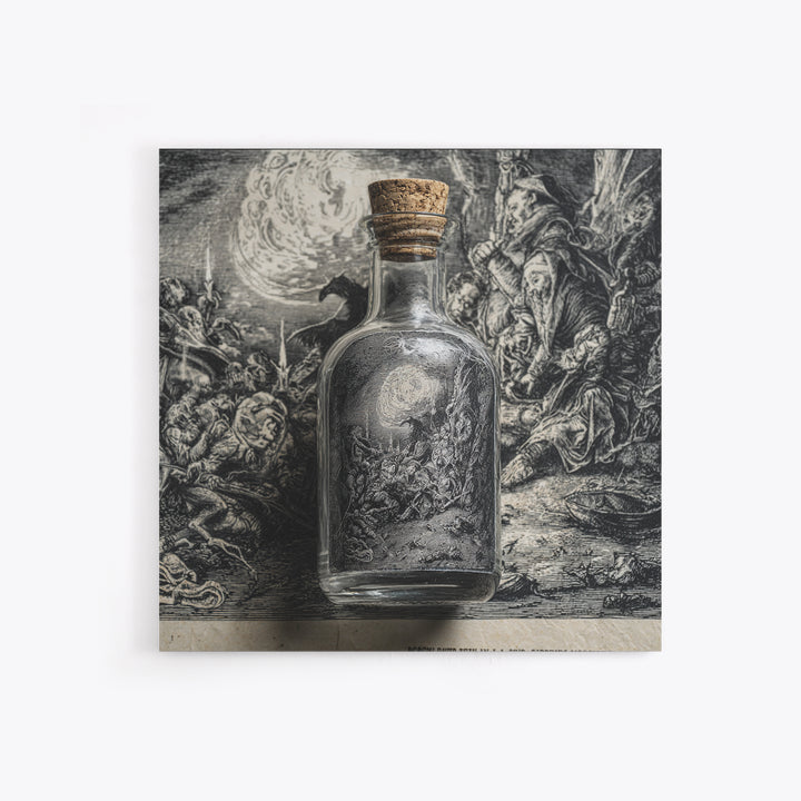 The Bottled Ghost, Renaissance Engraving Art, Square Wall Art, Dark Fantasy Wall Art, Framed Canvas Print, Halloween Wall Art