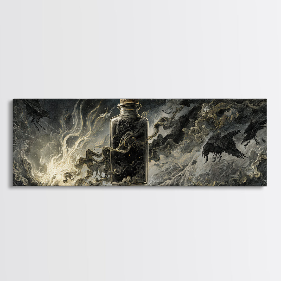 The Bottled Ghost, Visionary Gothic Art, Extra Wide Wall Art, Dark Fantasy Wall Art, Framed Canvas Print, Halloween Wall Art
