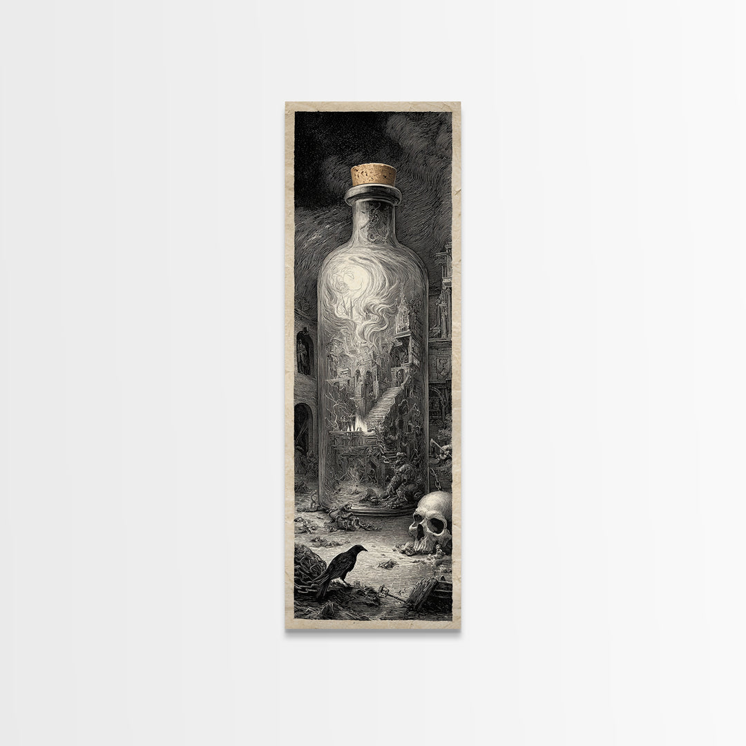 The Bottled Ghost, Architectural Etching Art, Tall Narrow Wall Art, Gothic Horror Wall Art, Canvas Print, Halloween Wall Art