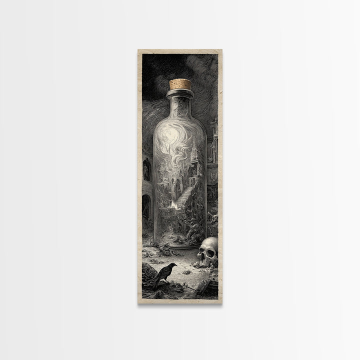 The Bottled Ghost, Architectural Etching Art, Tall Narrow Wall Art, Gothic Horror Wall Art, Canvas Print, Halloween Wall Art