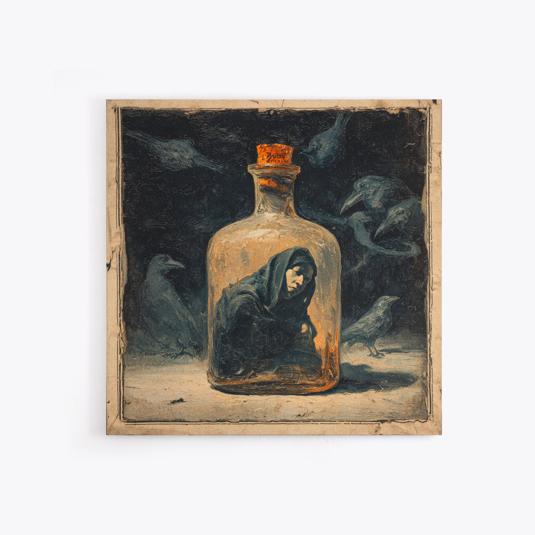 The Bottled Ghost, Dark Symbolist Art, Square Wall Art, Dark Halloween Decor, Canvas Print, Halloween Wall Art