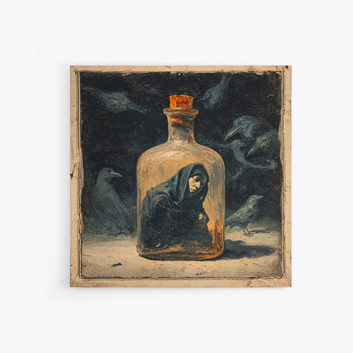 The Bottled Ghost, Dark Symbolist Art, Square Wall Art, Dark Halloween Decor, Canvas Print, Halloween Wall Art