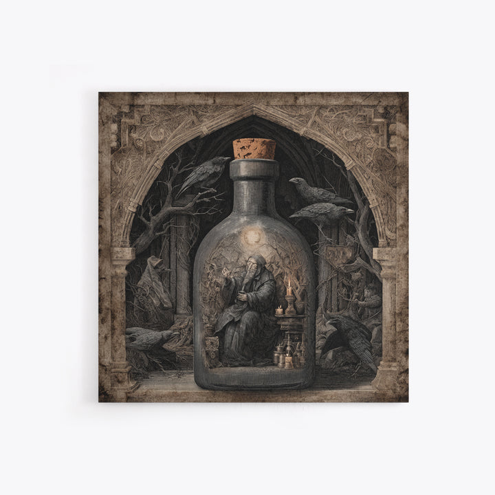 The Bottled Ghost, Symbolist Etching Art, Square Wall Art, Macabre Wall Art, Framed Canvas Print, Halloween Wall Art, Halloween Decor