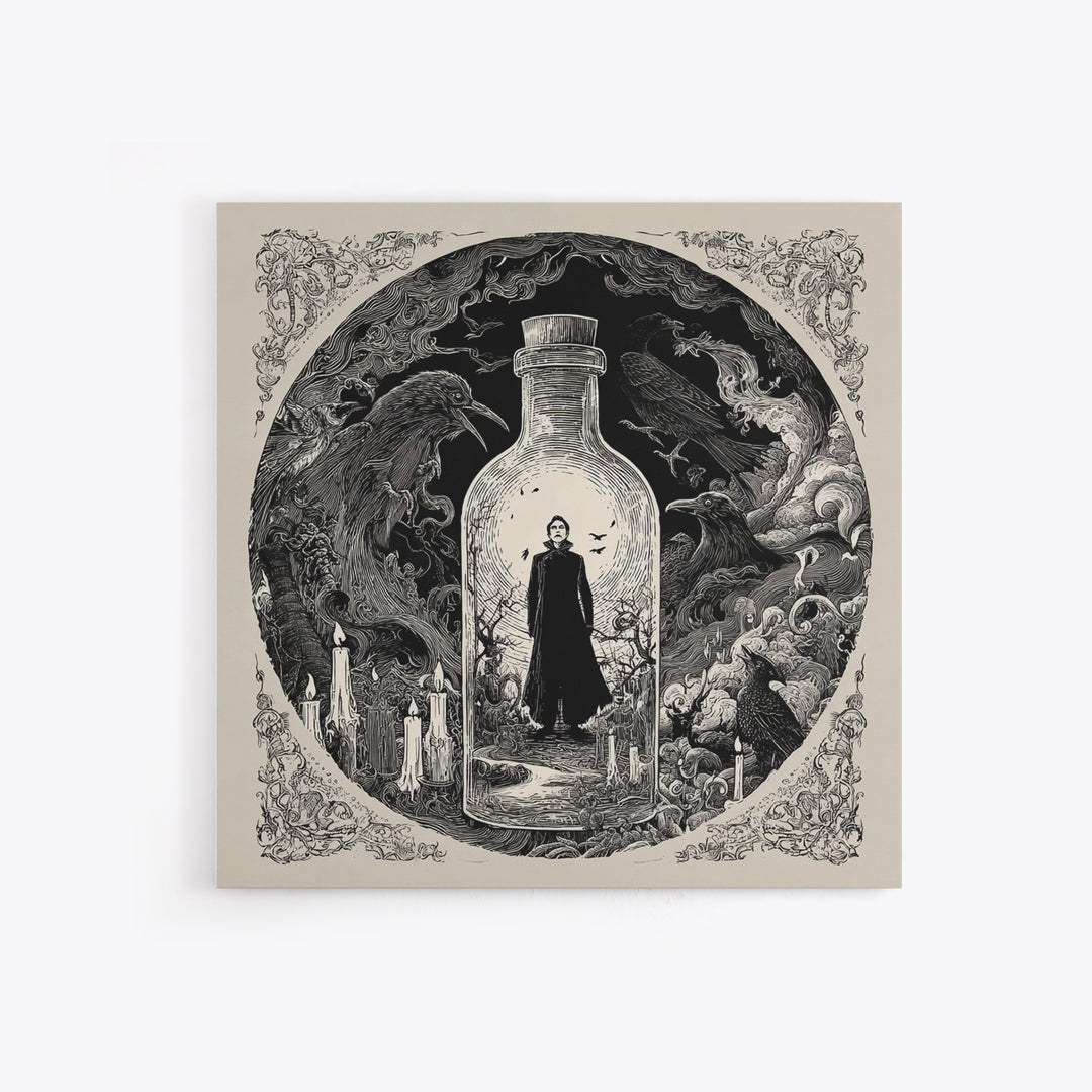 The Bottled Ghost, Decadent Line Art, Square Wall Art, Dark Fantasy Wall Art, Framed Canvas Print, Halloween Wall Art