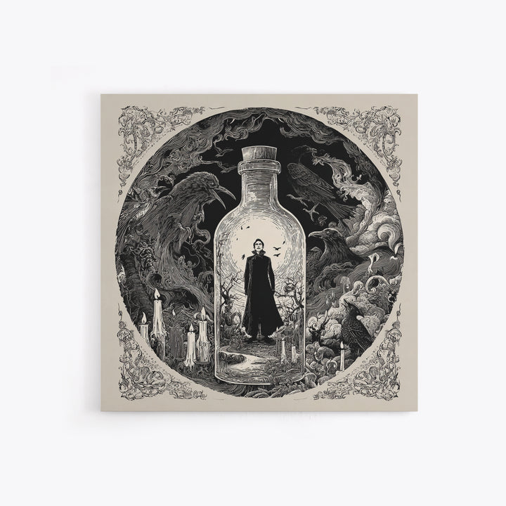 The Bottled Ghost, Decadent Line Art, Square Wall Art, Dark Fantasy Wall Art, Framed Canvas Print, Halloween Wall Art