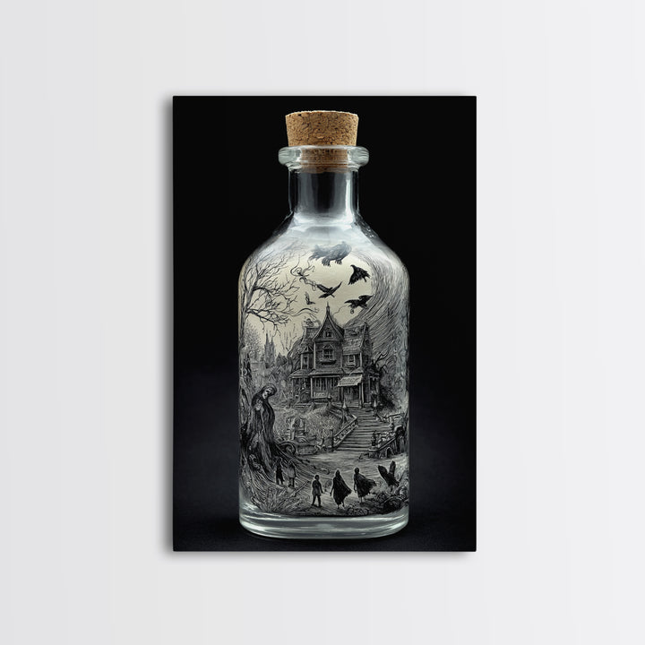 The Bottled Ghost, Victorian Macabre Art, Vertical Wall Art, Dark Halloween Decor, Framed Canvas Print, Halloween Wall Art