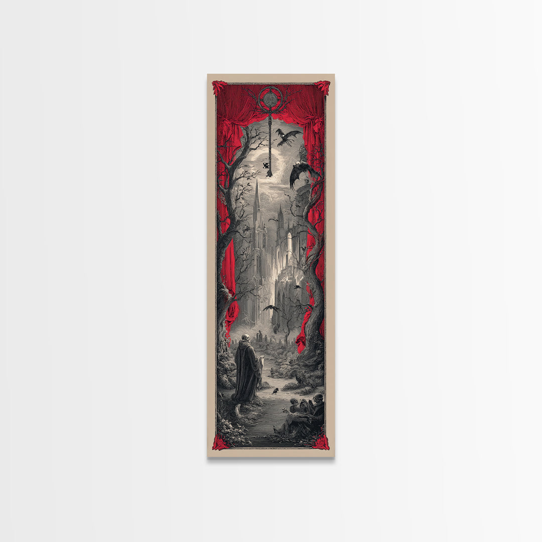 The Coffin Key, Gothic Engraving Art, Tall Narrow Wall Art, Macabre Wall Art, Framed Canvas Print, Halloween Wall Art, Halloween Decor