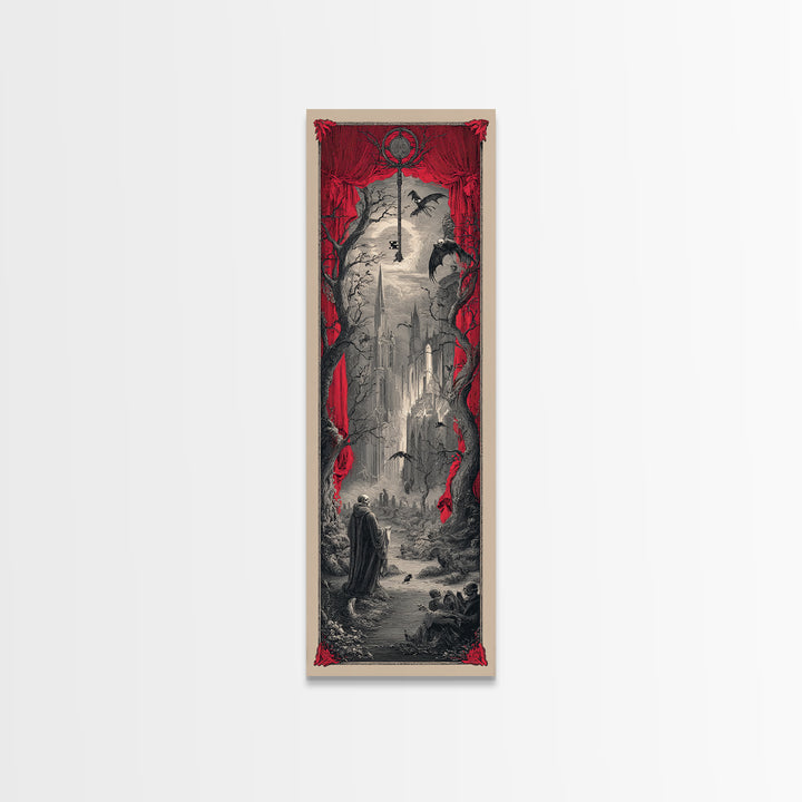 The Coffin Key, Gothic Engraving Art, Tall Narrow Wall Art, Macabre Wall Art, Framed Canvas Print, Halloween Wall Art, Halloween Decor
