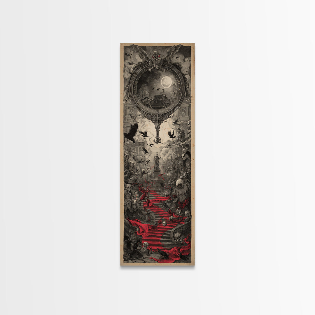 The Coffin Key, Architectural Etching Art, Tall Narrow Wall Art, Dark Halloween Decor, Canvas Print, Halloween Wall Art