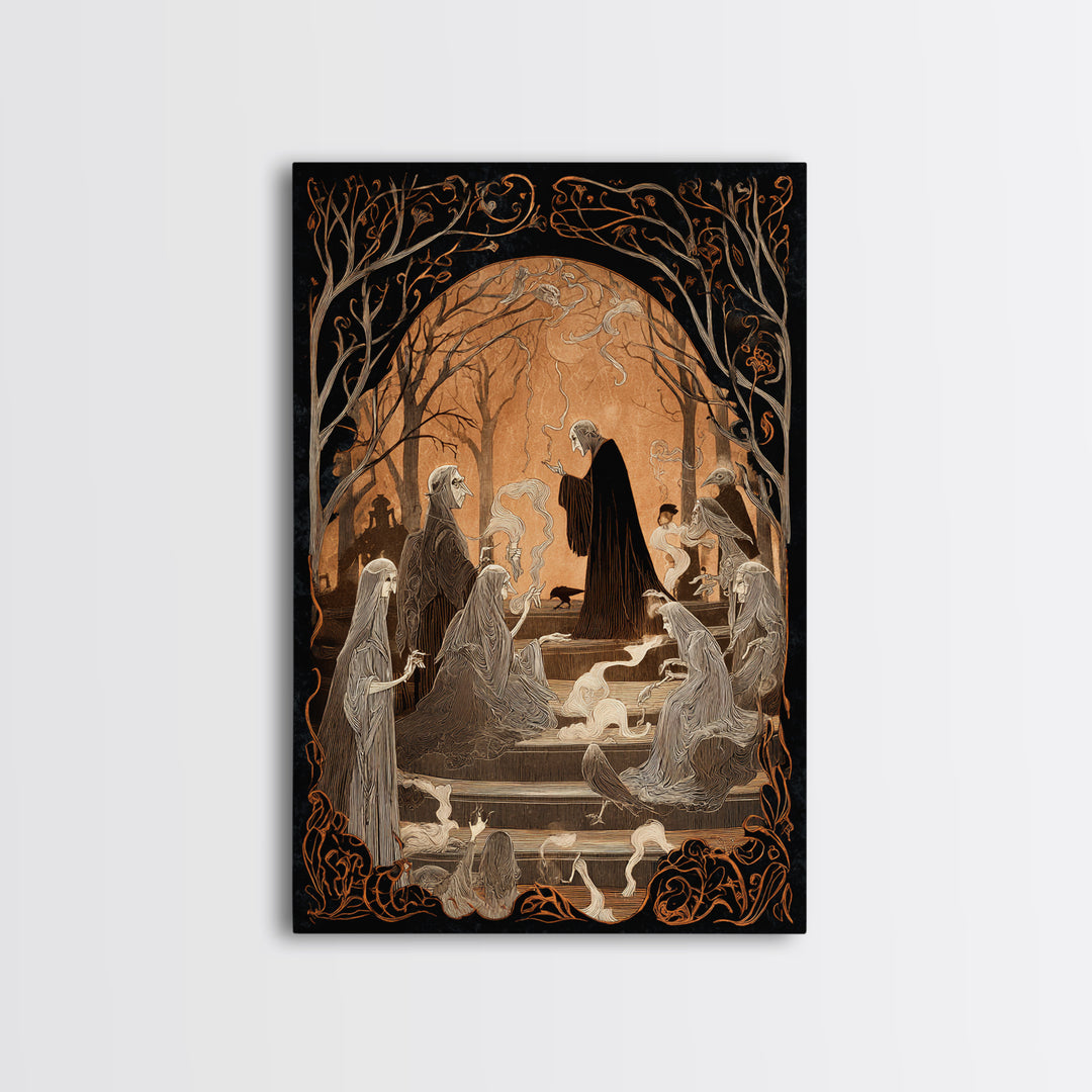 The Antique Spirit Board, Decadent Line Art, Vertical Wall Art, Macabre Wall Art, Framed Canvas Print, Halloween Wall Art