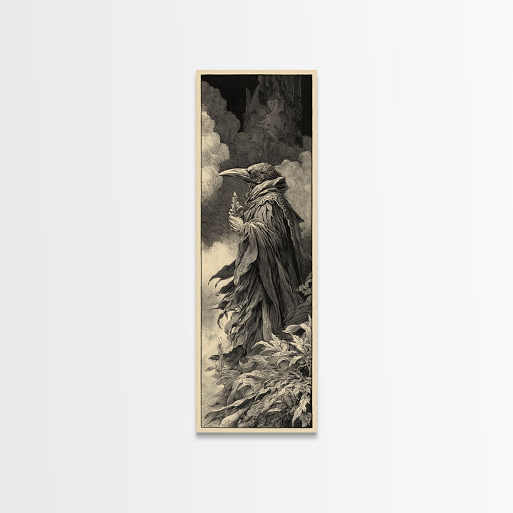 The Raven-Feather Quill, Gothic Engraving Art, Tall Narrow Wall Art, Dark Fantasy Wall Art, Framed Canvas Print, Halloween Wall Art