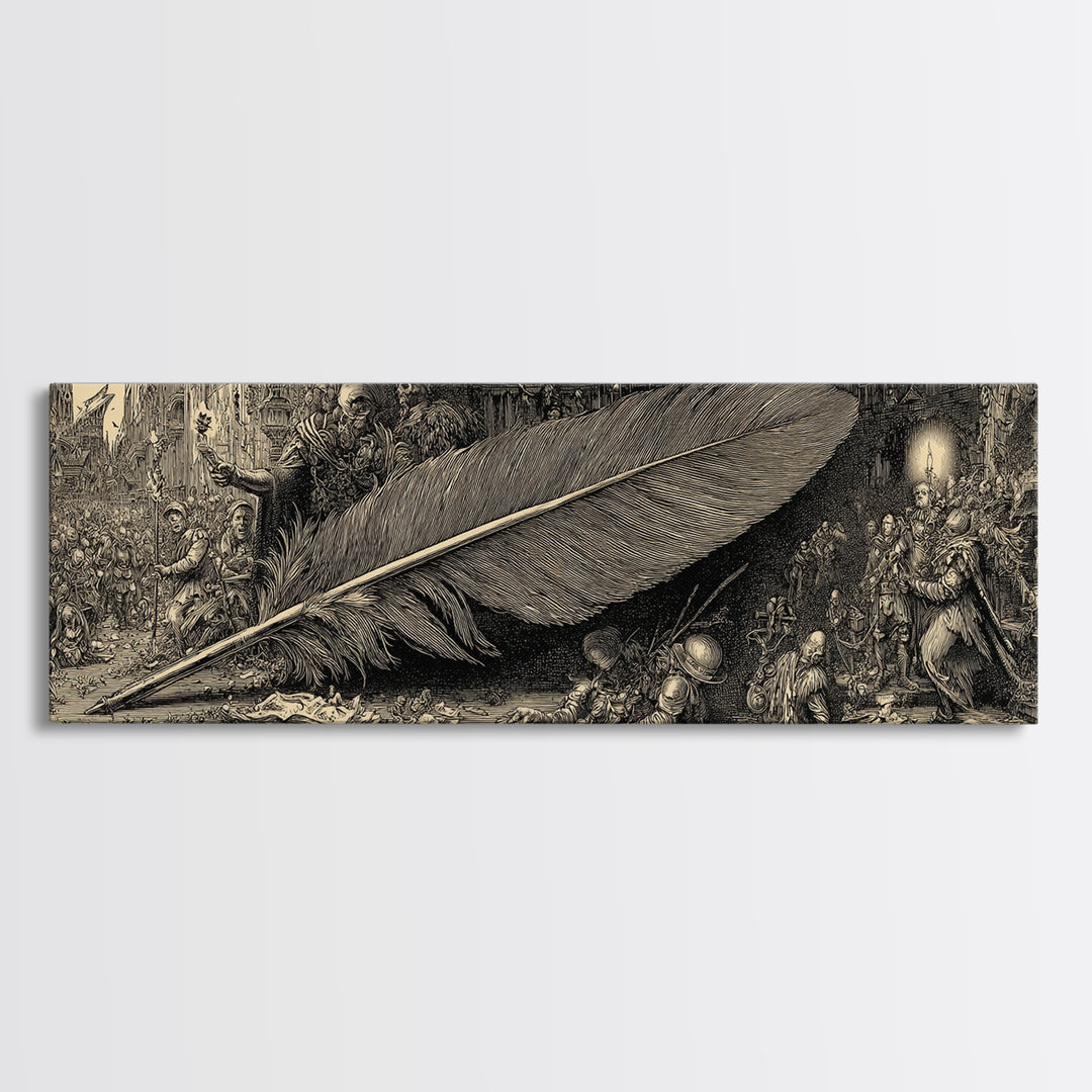 The Raven-Feather Quill, Medieval Grotesque Art, Extra Wide Wall Art, Dark Halloween Decor, Framed Canvas Print, Halloween Wall Art