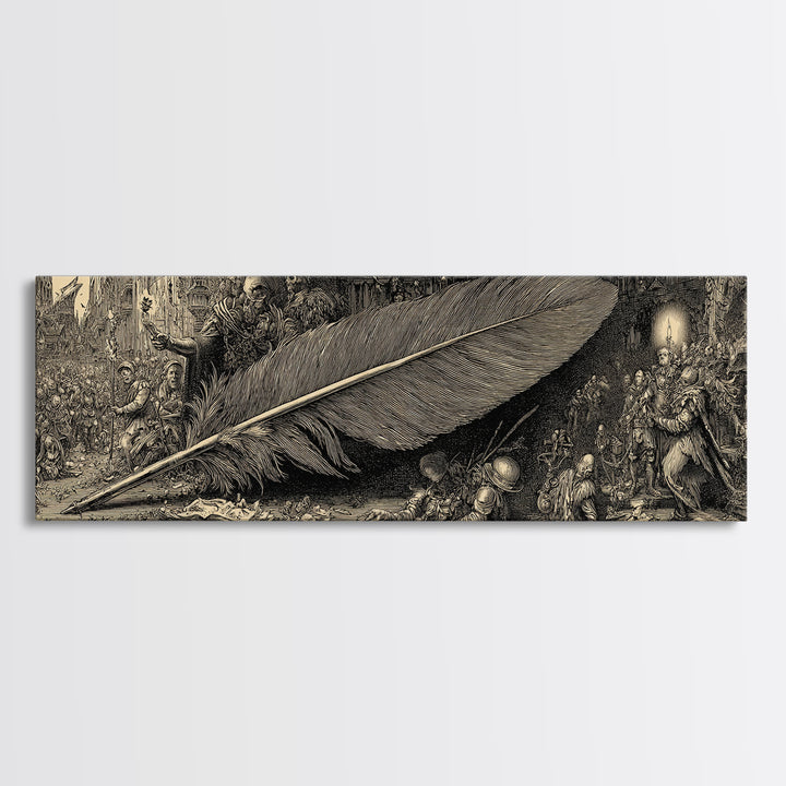 The Raven-Feather Quill, Medieval Grotesque Art, Extra Wide Wall Art, Dark Halloween Decor, Framed Canvas Print, Halloween Wall Art