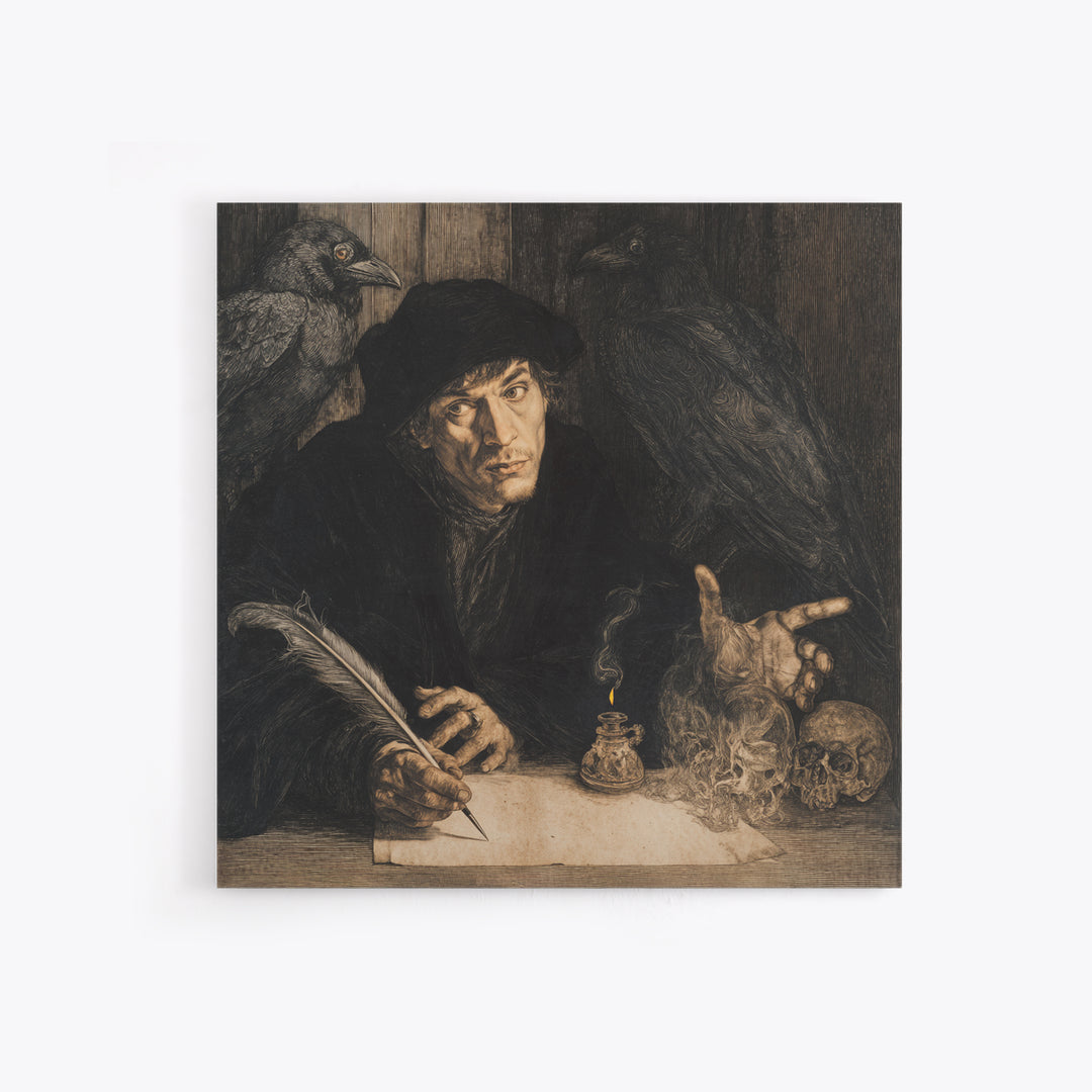 The Raven-Feather Quill, Danse Macabre Art, Square Wall Art, Macabre Wall Art, Framed Canvas Print, Halloween Wall Art