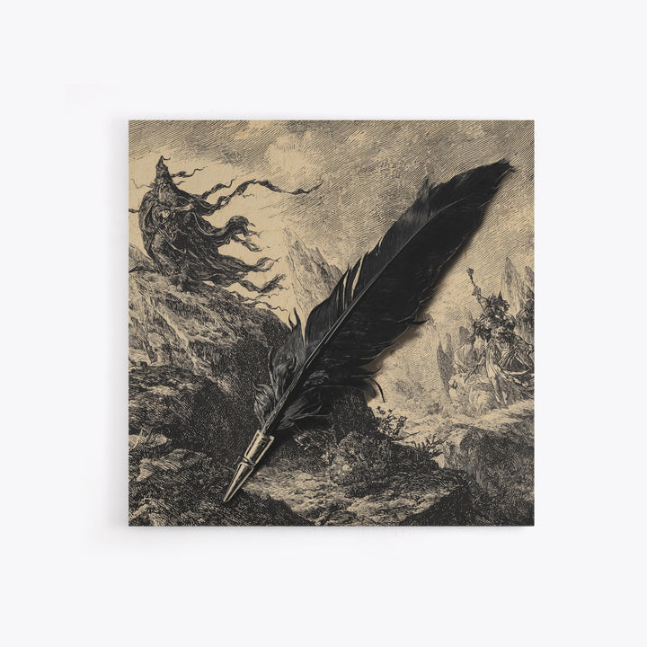The Raven-Feather Quill, Baroque Witchcraft Art, Square Wall Art, Macabre Wall Art, Framed Canvas Print, Halloween Wall Art