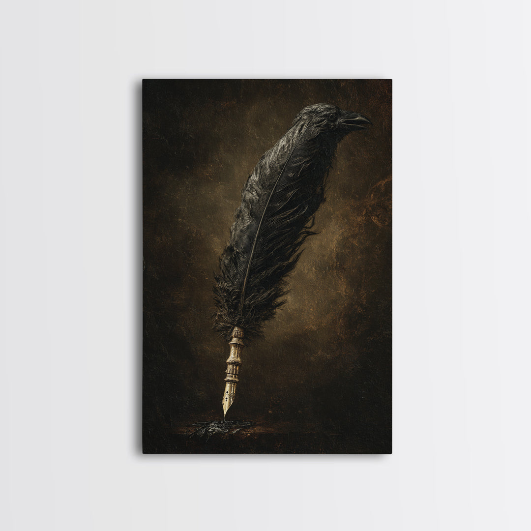 The Raven-Feather Quill, Dark Romantic Horror Art, Vertical Wall Art, Gothic Horror Wall Art, Framed Canvas Print, Halloween Wall Art