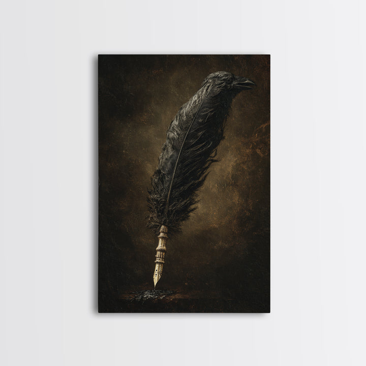 The Raven-Feather Quill, Dark Romantic Horror Art, Vertical Wall Art, Gothic Horror Wall Art, Framed Canvas Print, Halloween Wall Art