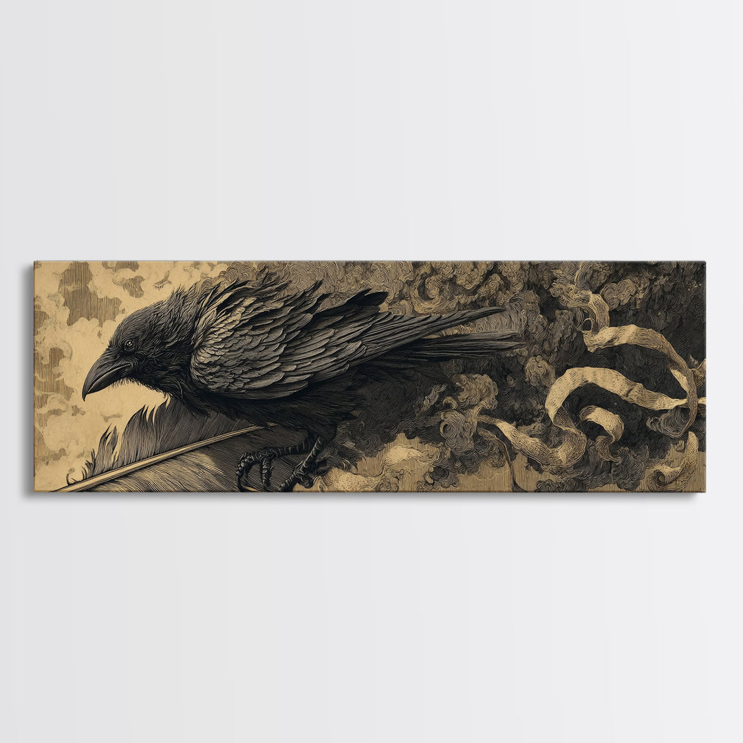 The Raven-Feather Quill, Apocalyptic Romantic Art, Extra Wide Wall Art, Dark Halloween Decor, Framed Canvas Print, Halloween Wall Art
