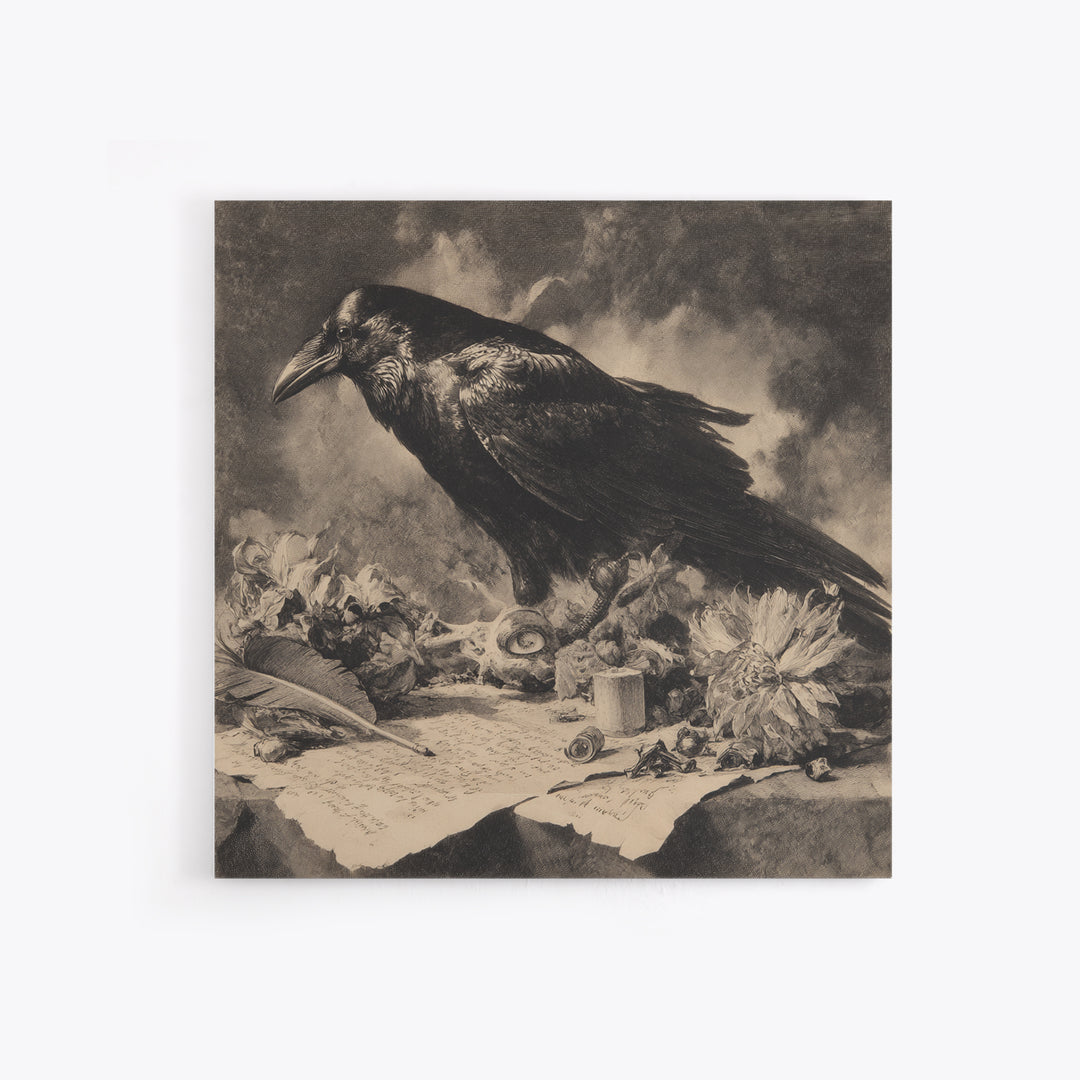 The Raven-Feather Quill, Symbolist Dream Art, Square Wall Art, Dark Halloween Decor, Framed Canvas Print, Halloween Wall Art