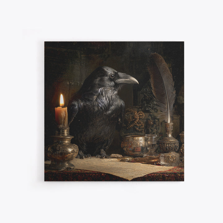 The Raven-Feather Quill, Ornate Symbolist Art, Square Wall Art, Macabre Wall Art, Canvas Print, Halloween Wall Art, Gothic Home Decor