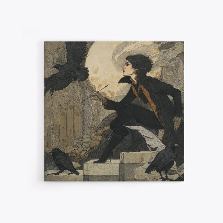 The Raven-Feather Quill, Symbolist Death Art, Square Wall Art, Gothic Horror Wall Art, Canvas Print, Halloween Wall Art