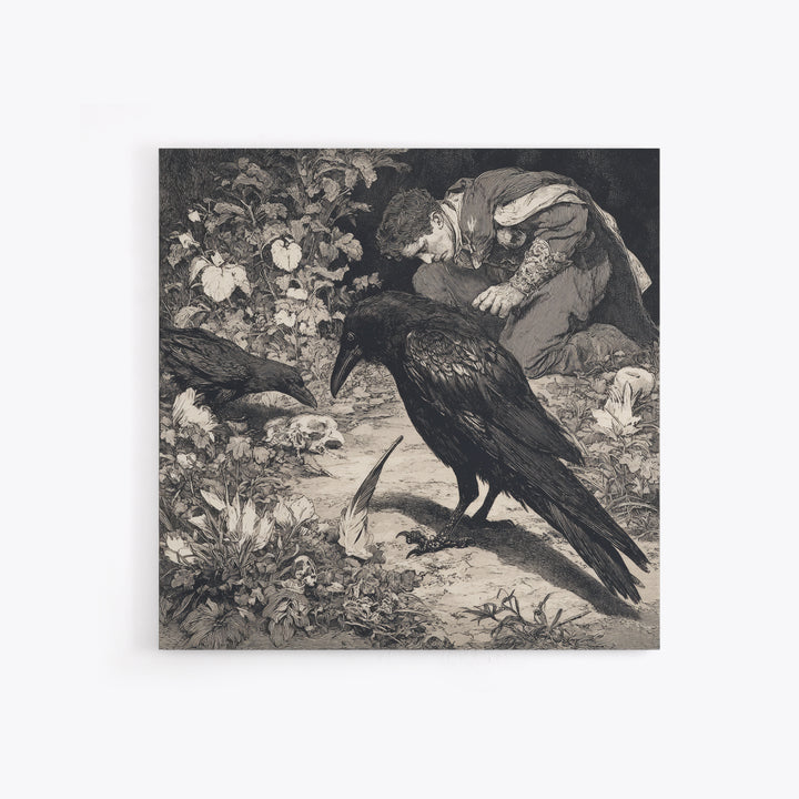 The Raven-Feather Quill, Symbolist Etching Art, Square Wall Art, Gothic Horror Wall Art, Framed Canvas Print, Halloween Wall Art