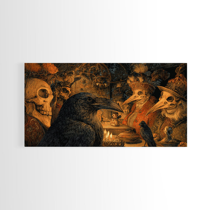 The Raven-Feather Quill, Grotesque Carnival Art, Wide Panoramic Art, Dark Fantasy Wall Art, Framed Canvas Print, Halloween Wall Art