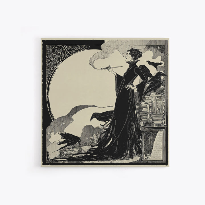 The Raven-Feather Quill, Decadent Line Art, Square Wall Art, Dark Fantasy Wall Art, Framed Canvas Print, Halloween Wall Art