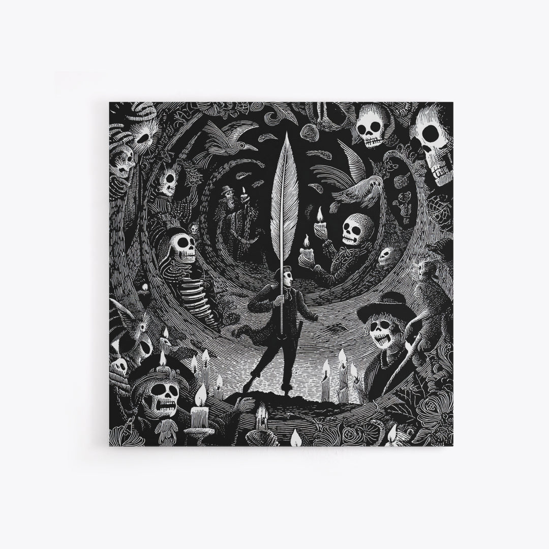 The Raven-Feather Quill, Macabre Folk Print Art, Square Wall Art, Gothic Horror Wall Art, Canvas Print, Halloween Wall Art