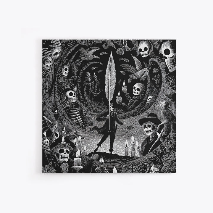 The Raven-Feather Quill, Macabre Folk Print Art, Square Wall Art, Gothic Horror Wall Art, Canvas Print, Halloween Wall Art