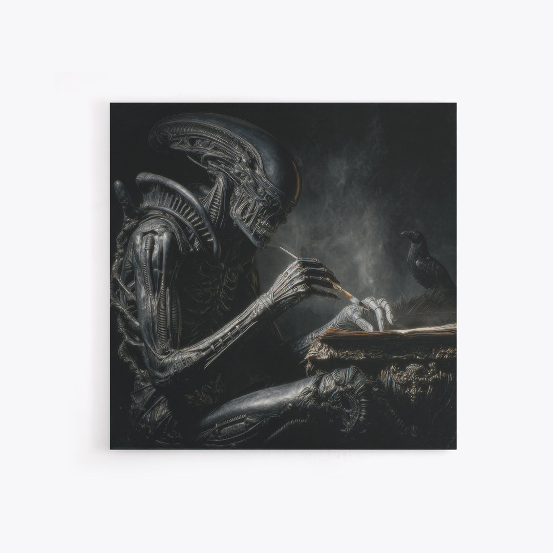 The Raven-Feather Quill, Biomechanical Horror Art, Square Wall Art, Macabre Wall Art, Canvas Print, Halloween Wall Art, Horror Wall Art