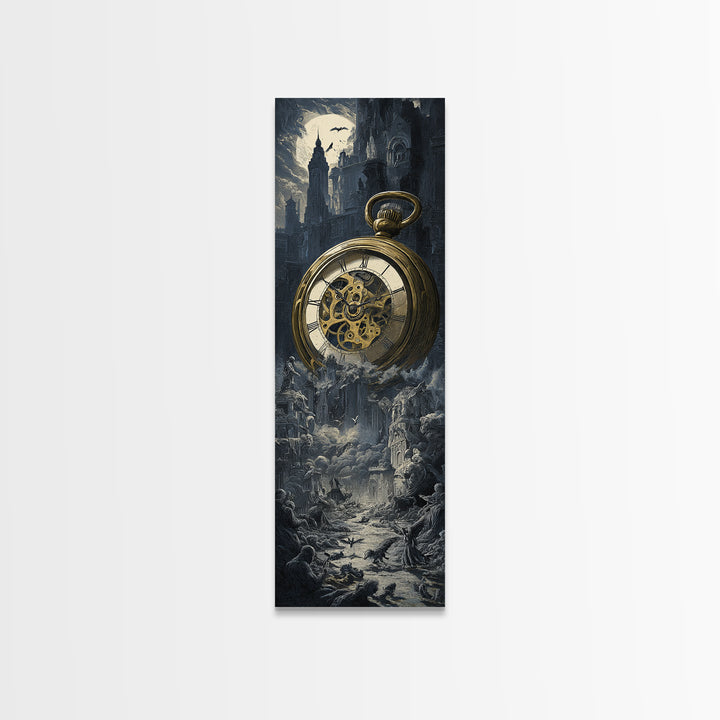 The Cursed Pocket Watch, Gothic Engraving Art, Tall Narrow Wall Art, Dark Halloween Decor, Framed Canvas Print, Halloween Wall Art