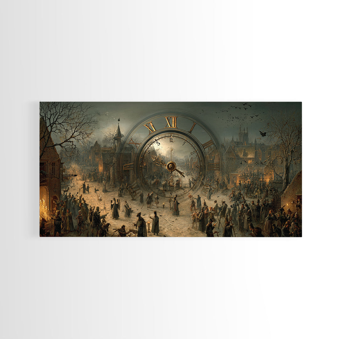 The Cursed Pocket Watch, Northern Renaissance Horror, Wide Panoramic Art, Dark Halloween Decor, Framed Canvas Print