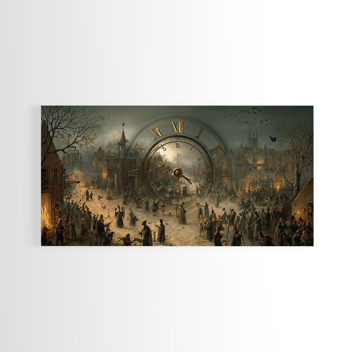 The Cursed Pocket Watch, Northern Renaissance Horror, Wide Panoramic Art, Dark Halloween Decor, Framed Canvas Print