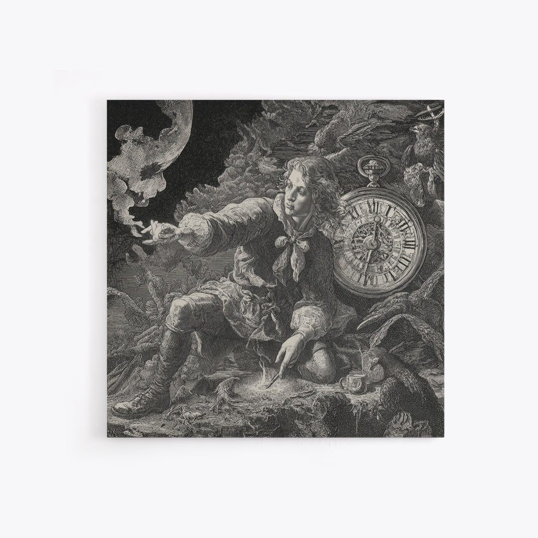 The Cursed Pocket Watch, Renaissance Engraving Art, Square Wall Art, Macabre Wall Art, Canvas Print, Halloween Wall Art