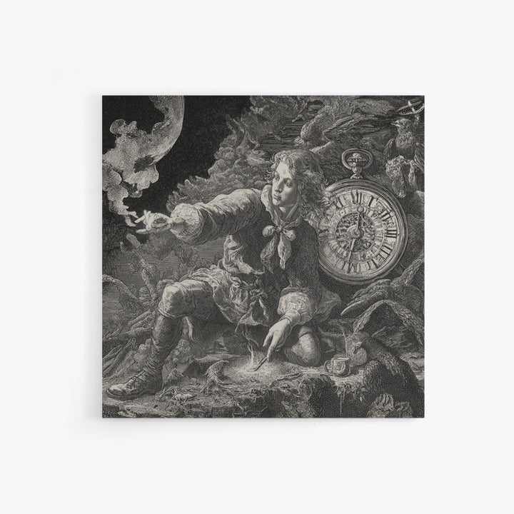 The Cursed Pocket Watch, Renaissance Engraving Art, Square Wall Art, Macabre Wall Art, Canvas Print, Halloween Wall Art