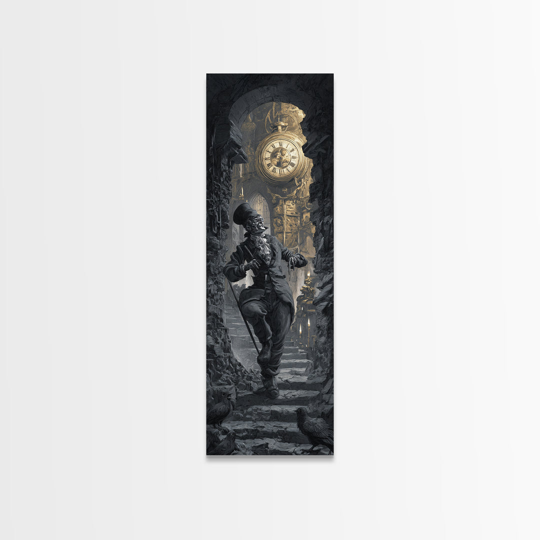 The Cursed Pocket Watch, Architectural Etching Art, Tall Narrow Wall Art, Dark Halloween Decor, Framed Canvas Print