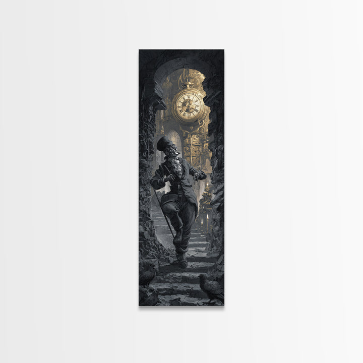 The Cursed Pocket Watch, Architectural Etching Art, Tall Narrow Wall Art, Dark Halloween Decor, Framed Canvas Print