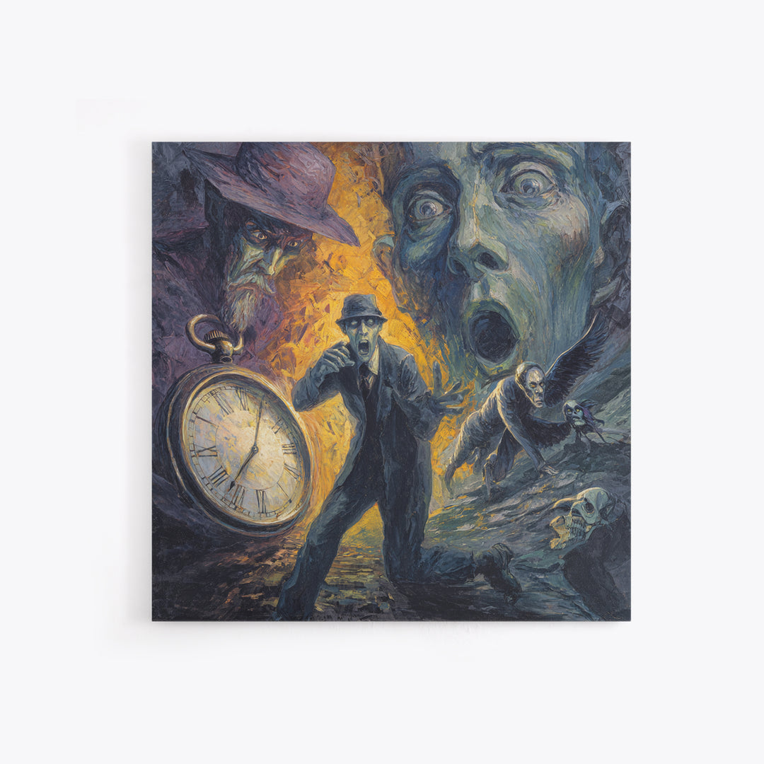 The Cursed Pocket Watch, Expressionist Gothic Art, Square Wall Art, Dark Halloween Decor, Framed Canvas Print, Halloween Wall Art
