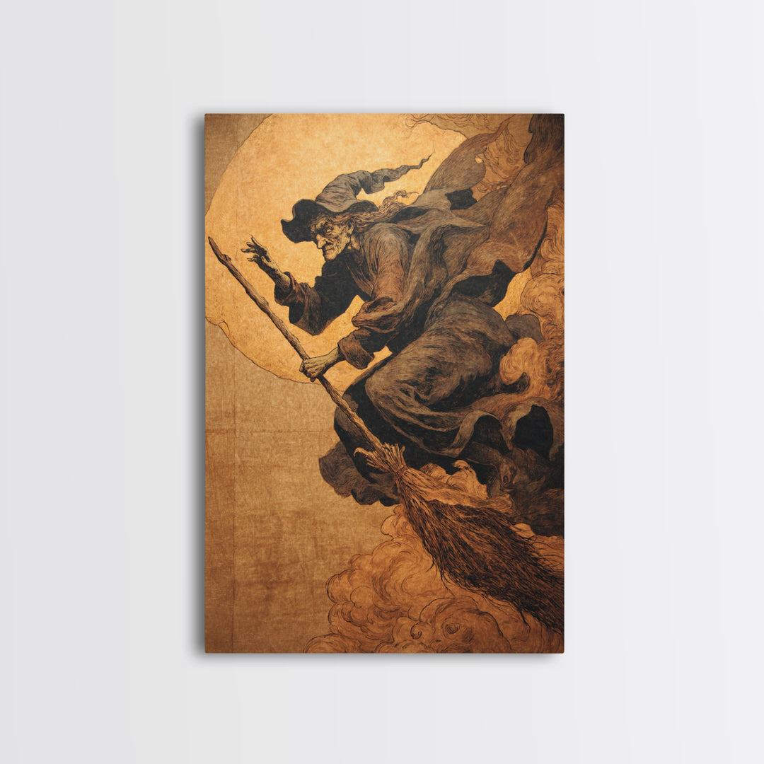 The Witch'S Broom, Dark Renaissance Art, Vertical Wall Art, Dark Fantasy Wall Art, Canvas Print, Halloween Wall Art